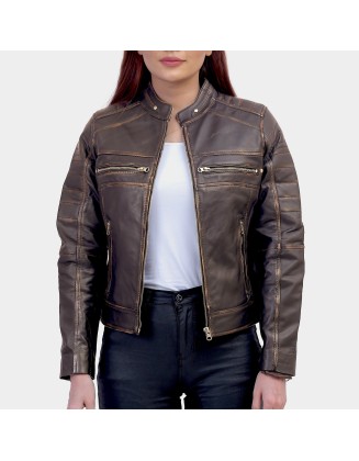 Women Slimfit Brown Cafe Racer Jacket
