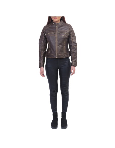 Women Slimfit Brown Cafe Racer Jacket
