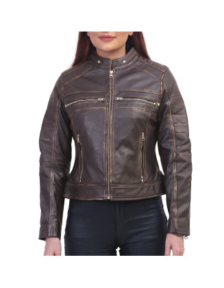 Women Slimfit Brown Cafe Racer Jacket
