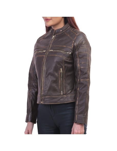 Women Slimfit Brown Cafe Racer Jacket
