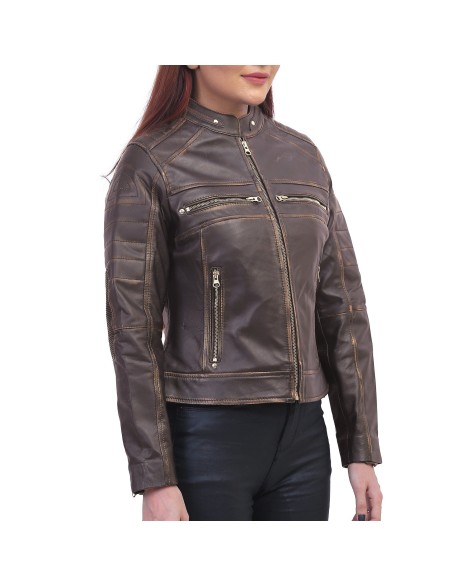 Women Slimfit Brown Cafe Racer Jacket
