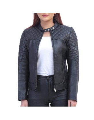 Womens Black Quilted Cafe Racer Jacket
