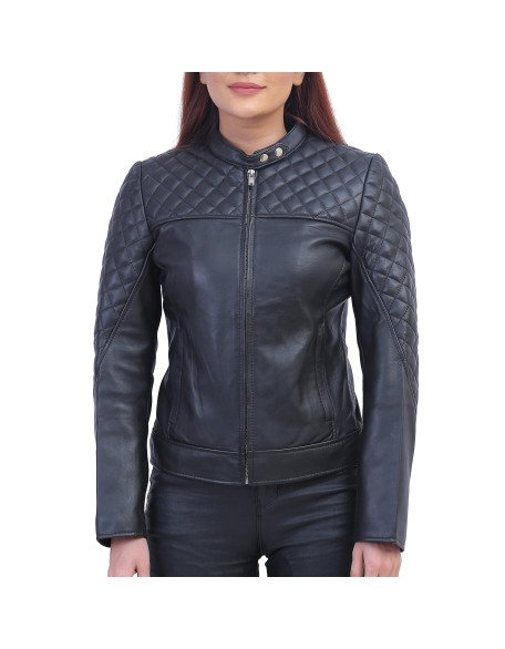 Womens Black Quilted Cafe Racer Jacket
