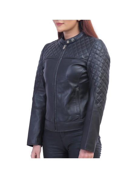 Womens Black Quilted Cafe Racer Jacket
