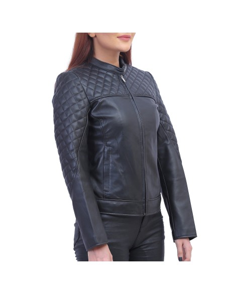 Womens Black Quilted Cafe Racer Jacket
