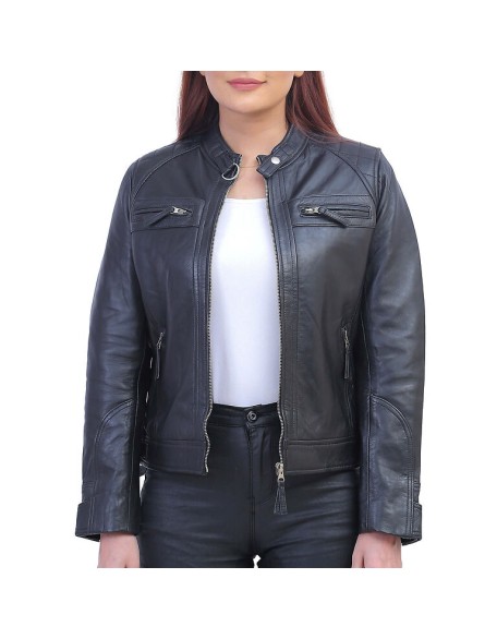 Callie Black Cafe Racer Leather Jacket
