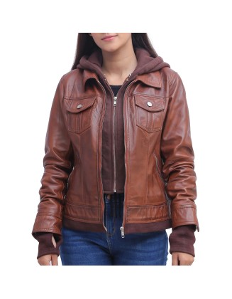 Womens Brown Leather Jacket With Hood
