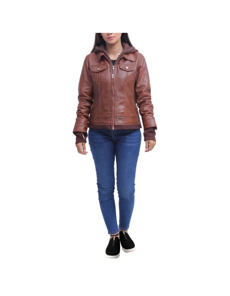 Womens Brown Leather Jacket With Hood
