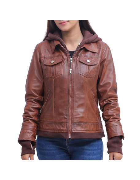 Womens Brown Leather Jacket With Hood
