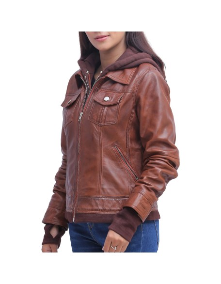 Womens Brown Leather Jacket With Hood
