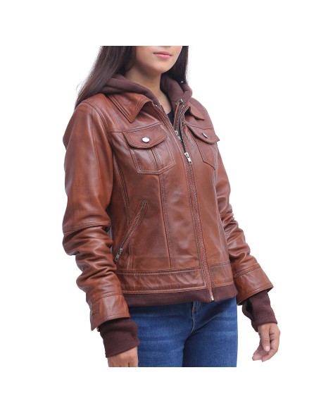 Womens Brown Leather Jacket With Hood
