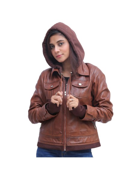 Womens Brown Leather Jacket With Hood
