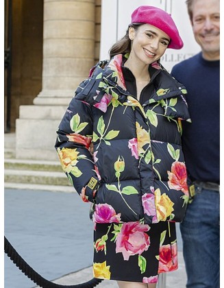 Lily Collins Emily In Paris Floral Puffer Jacket
