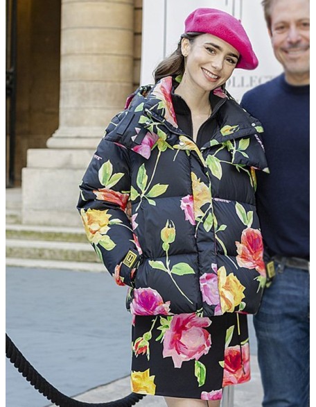 Lily Collins Emily In Paris Floral Puffer Jacket
