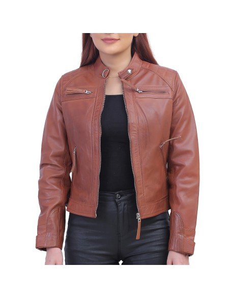 Women Tan Brown Biker Jacket
