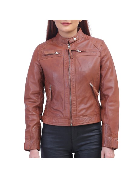 Women Tan Brown Biker Jacket
