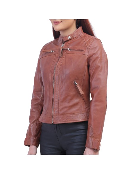 Women Tan Brown Biker Jacket
