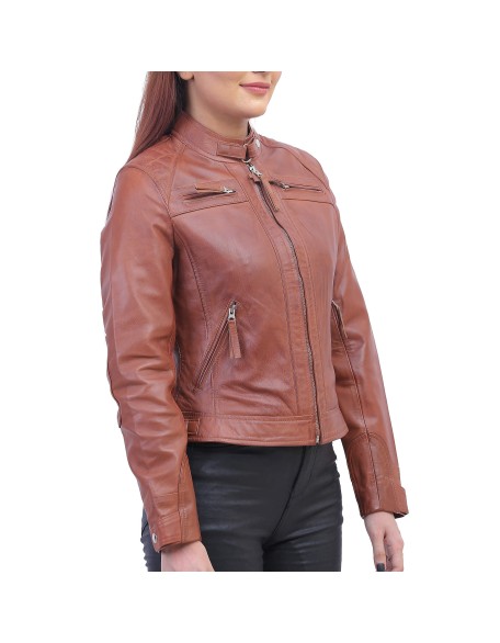 Women Tan Brown Biker Jacket
