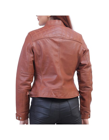 Women Tan Brown Biker Jacket
