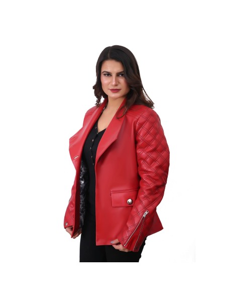 Women Valentines Red Biker Quilted Jacket
