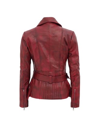 Womens Asymmetrical Burgundy Four Pocket Belted Moto Jacket
