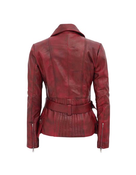 Womens Asymmetrical Burgundy Four Pocket Belted Moto Jacket
