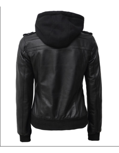 Women's Black Hooded Bomber Leather Jacket
