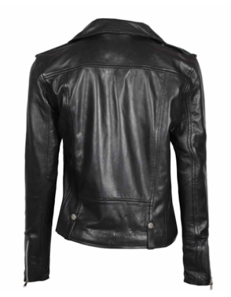 Amber Womens Black Leather Moto Jacket in Asymmetrical Style
