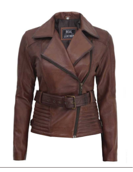 Edna Womens Brown Asymmetrical Leather Jacket
