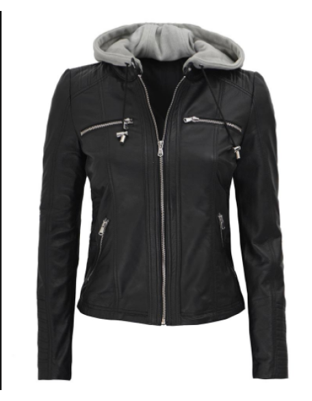 Lise Women's Black Leather Jacket With Hood
