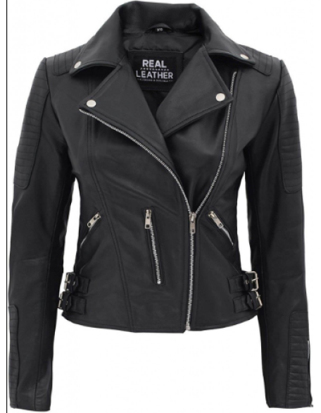 Bari Womens Asymmetrical Black Leather Moto Jacket
