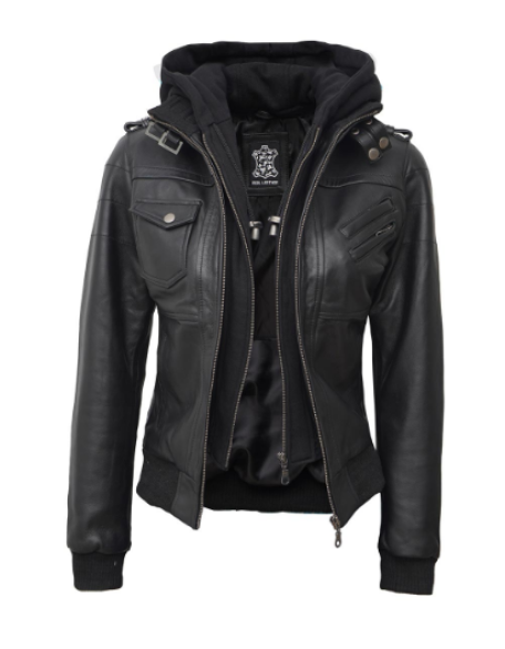 Women's Black Hooded Bomber Leather Jacket
