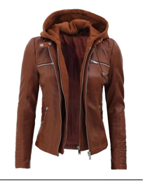 Helen Women's Brown Leather Jacket with Hood
