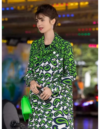 Emily in Paris S03 Lily Collins Green Printed Coat
