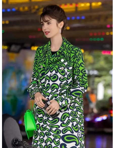 Emily in Paris S03 Lily Collins Green Printed Coat
