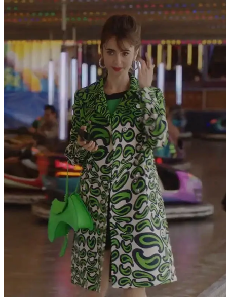 Emily in Paris S03 Lily Collins Green Printed Coat
