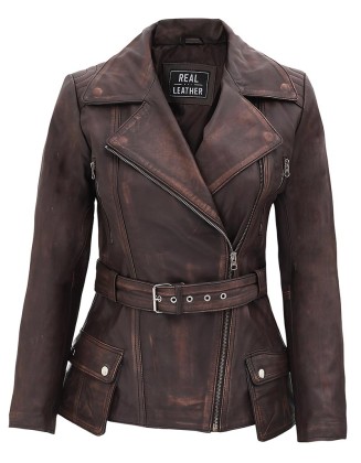 Womens Four Pocket Asymmetrical Distressed Brown Leather Jacket
