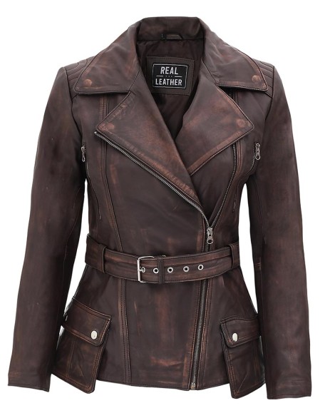 Womens Four Pocket Asymmetrical Distressed Brown Leather Jacket
