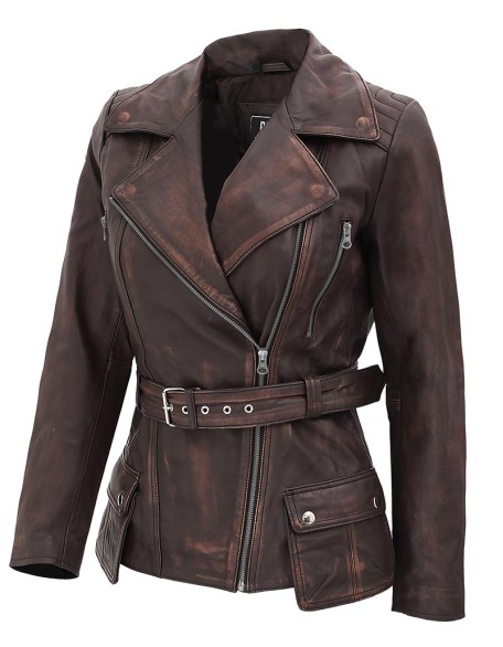 Womens Four Pocket Asymmetrical Distressed Brown Leather Jacket
