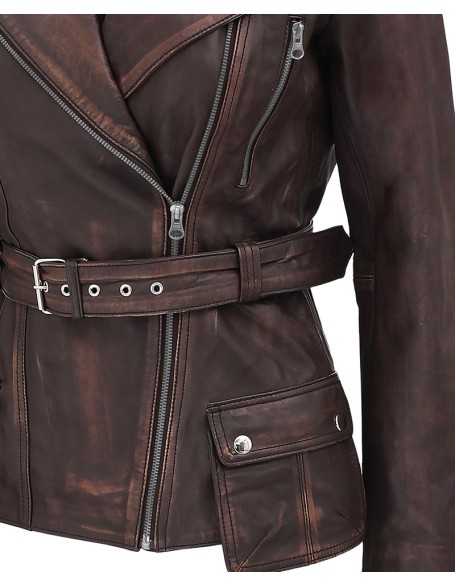 Womens Four Pocket Asymmetrical Distressed Brown Leather Jacket
