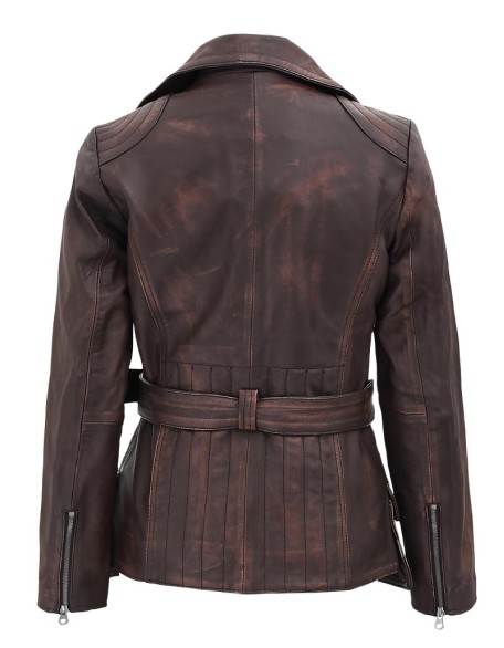 Womens Four Pocket Asymmetrical Distressed Brown Leather Jacket
